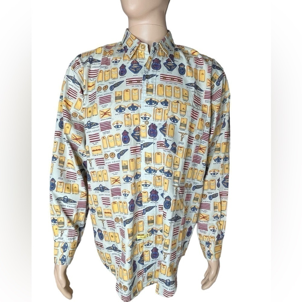 Calvin Klein Sports L Long Sleeve Button Front Shirt Military Medal Print
